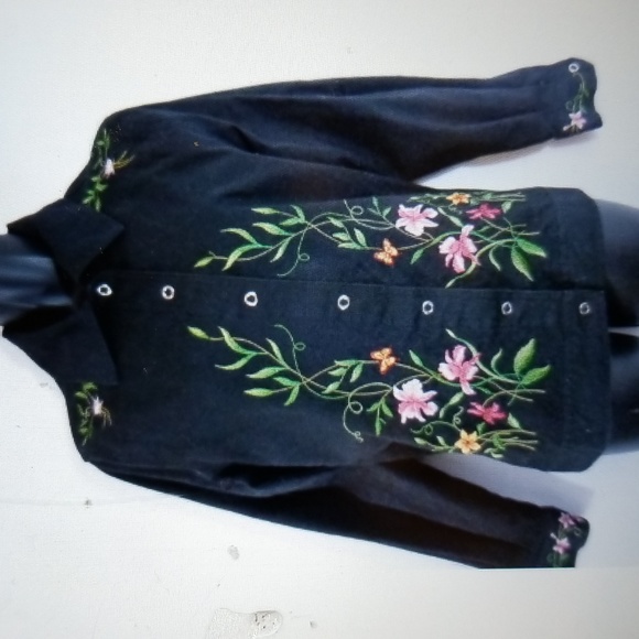 FANCY EMBROIDERED DESIGNER VICTOR COSTA BLACK DENIM JACKET M EUC - Picture 1 of 9